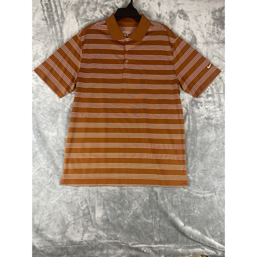 Nike Golf Dri-Fit Tech Core‎ Stripe Performance Polo Shirt Dark Orange White L